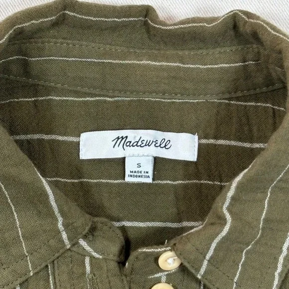 Madewell Lightspun Flap-Pocket Olive Green Striped Button Front Oversize Shirt S - Picture 2 of 8